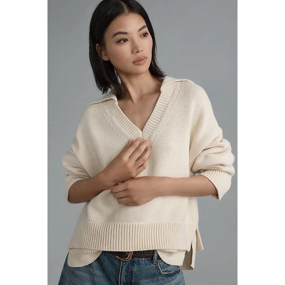Maeve cream knit v neck layered polo sweater NEW SMALL PETITE